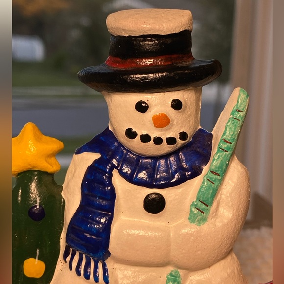 VTG 1991 Lillian Vernon Cast Iron Snowman with Christmas Tree Stocking Holder - Picture 2 of 7